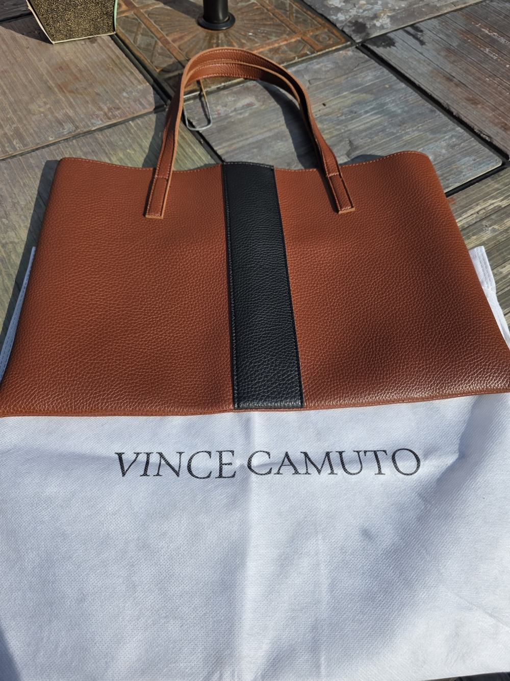 Vince Camuto NWOT Brown Vegan Leather Tote with Black Center Stripe